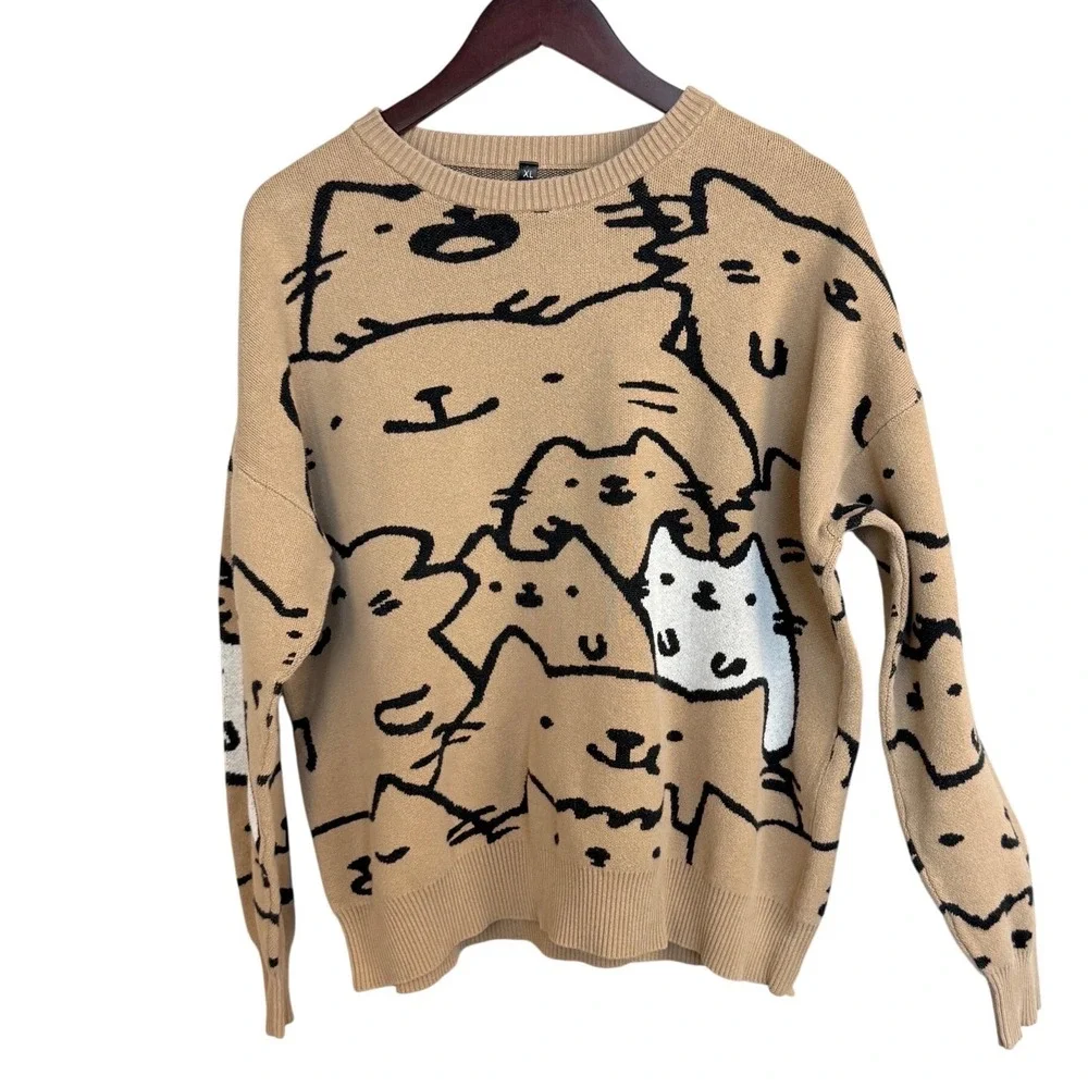 Cat Graphic Knit Sweater Tan Oversized Crewneck Feline Print XL Y2K Quirky